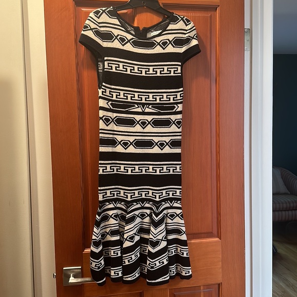 Alice + Olivia Darby Drop-Waist Geo-Knit, Aztec Pattern Sweater Knit Dress Black - Picture 6 of 9